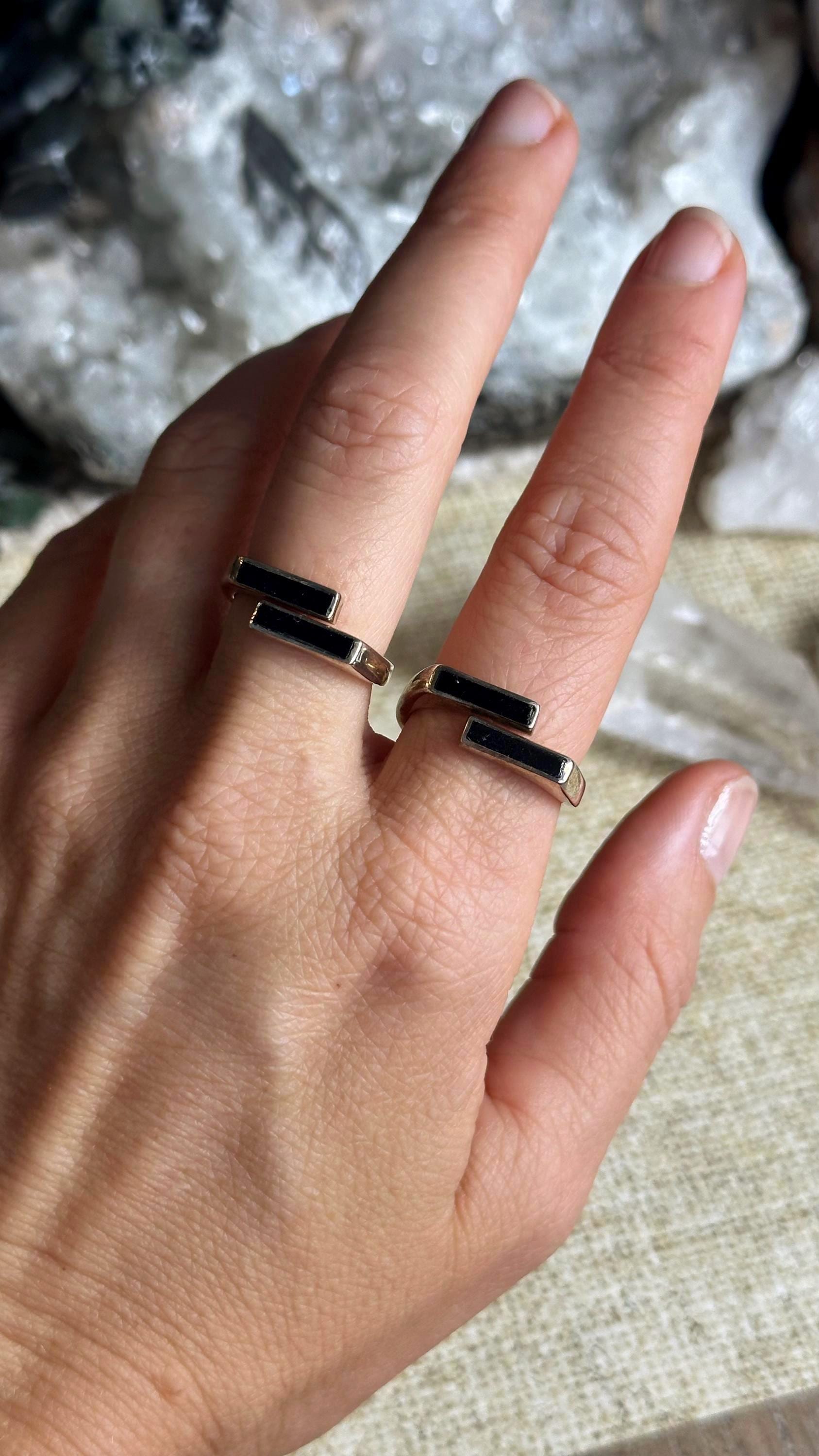 Black Tourmaline Double Stone Ring, .925 Sterling Silver, Minimalist, Statement, Open Concept, Adjustable Black Tourmaline Double Stone Ring, .925 Sterling Silver, Minimalist, Statement, Open Concept, Adjustable