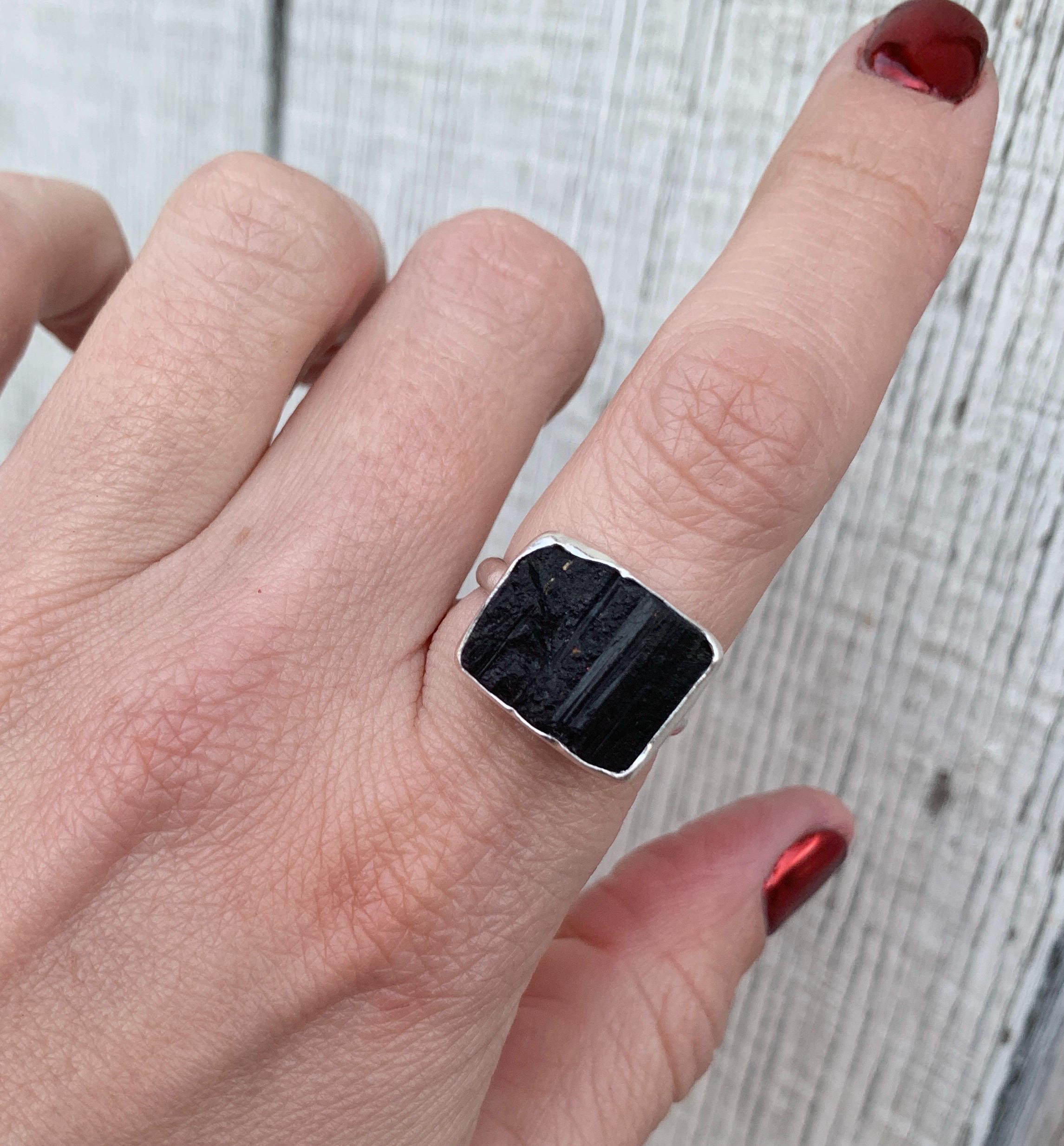 Geometric Raw Black Tourmaline Sterling Silver Statement Ring | Raw Gemstone Ring | Rough Cut Black Gemstone Ring | Edgy | Size 8-8.5