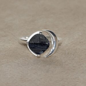 Black Tourmaline Ring: Handmade 925 Sterling Silver Adjustable Boho Ring