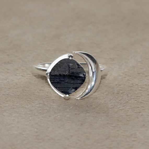 Black Tourmaline Ring: Handmade 925 Sterling Silver Adjustable Boho Ring
