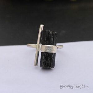 Handmade Raw Black Tourmaline Ring: 925 Sterling Silver Statement Band