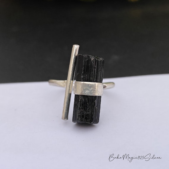 Handmade Raw Black Tourmaline Ring: 925 Sterling Silver Statement Band