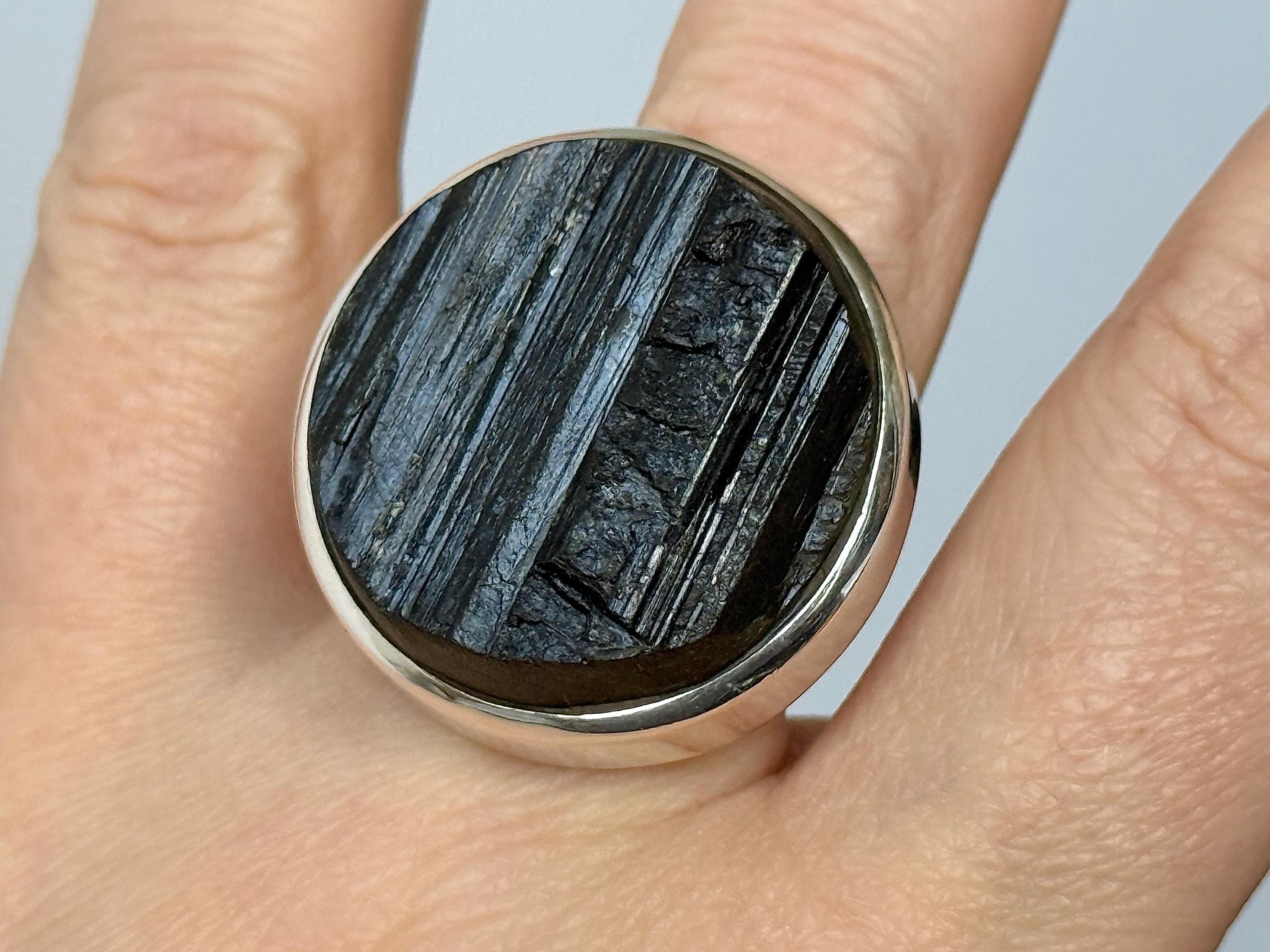 Huge! Black Tourmaline Sterling Silver Ring: Natural Stone Statement Jewelry, Size 9.25
