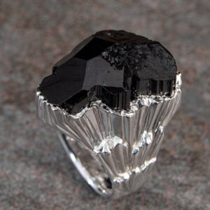 Large Schorl Black Tourmaline Crystal Silver Ring Raw Uncut Gem Black Natural Namibian Gemstone Dark Magic Healing Capricorn Gift Unique