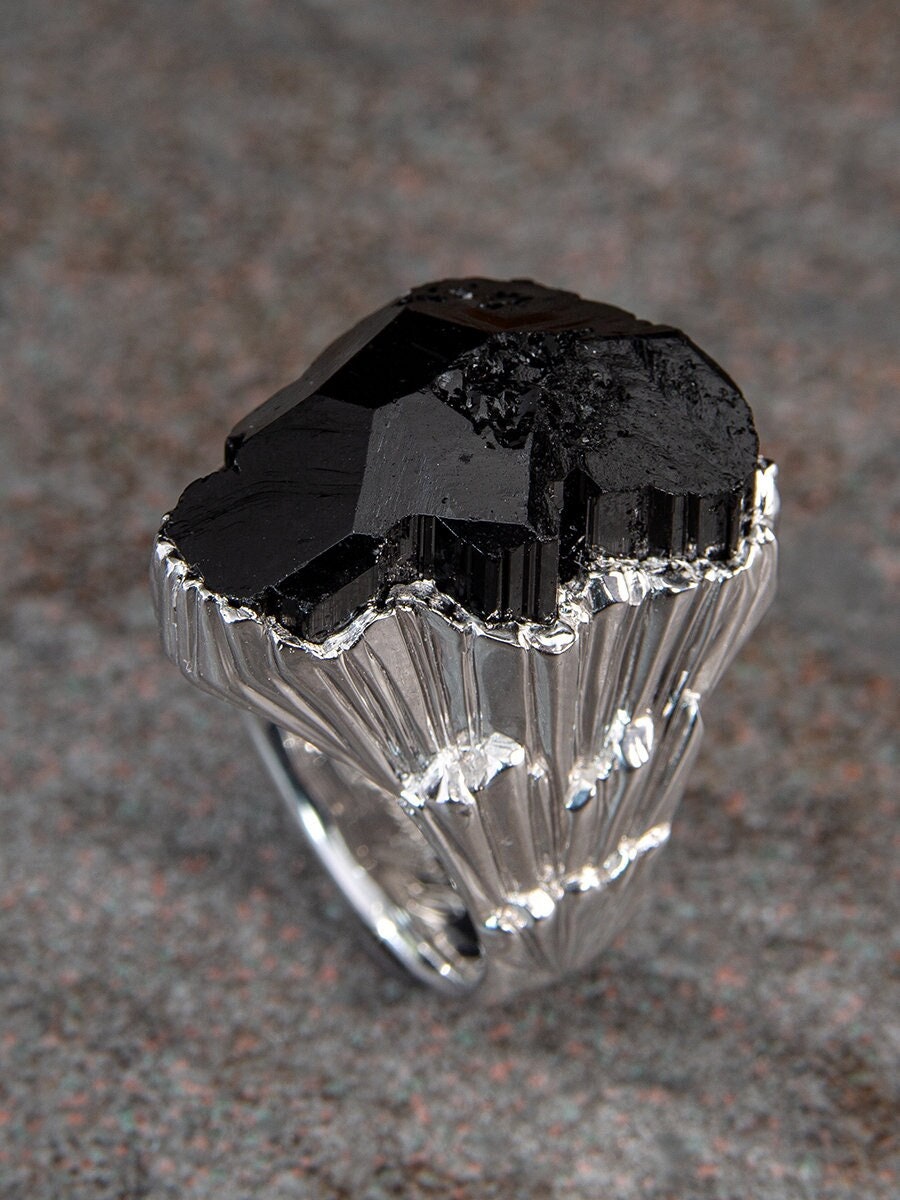 Large Schorl Black Tourmaline Crystal Silver Ring Raw Uncut Gem Black Natural Namibian Gemstone Dark Magic Healing Capricorn Gift Unique Large Schorl Black Tourmaline Crystal Silver Ring Raw Uncut Gem Black Natural Namibian Gemstone Dark Magic Healing Capricorn Gift Unique