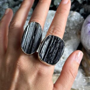 Large Statement Black Tourmaline Adjustable Ring, 925 Sterling Silver