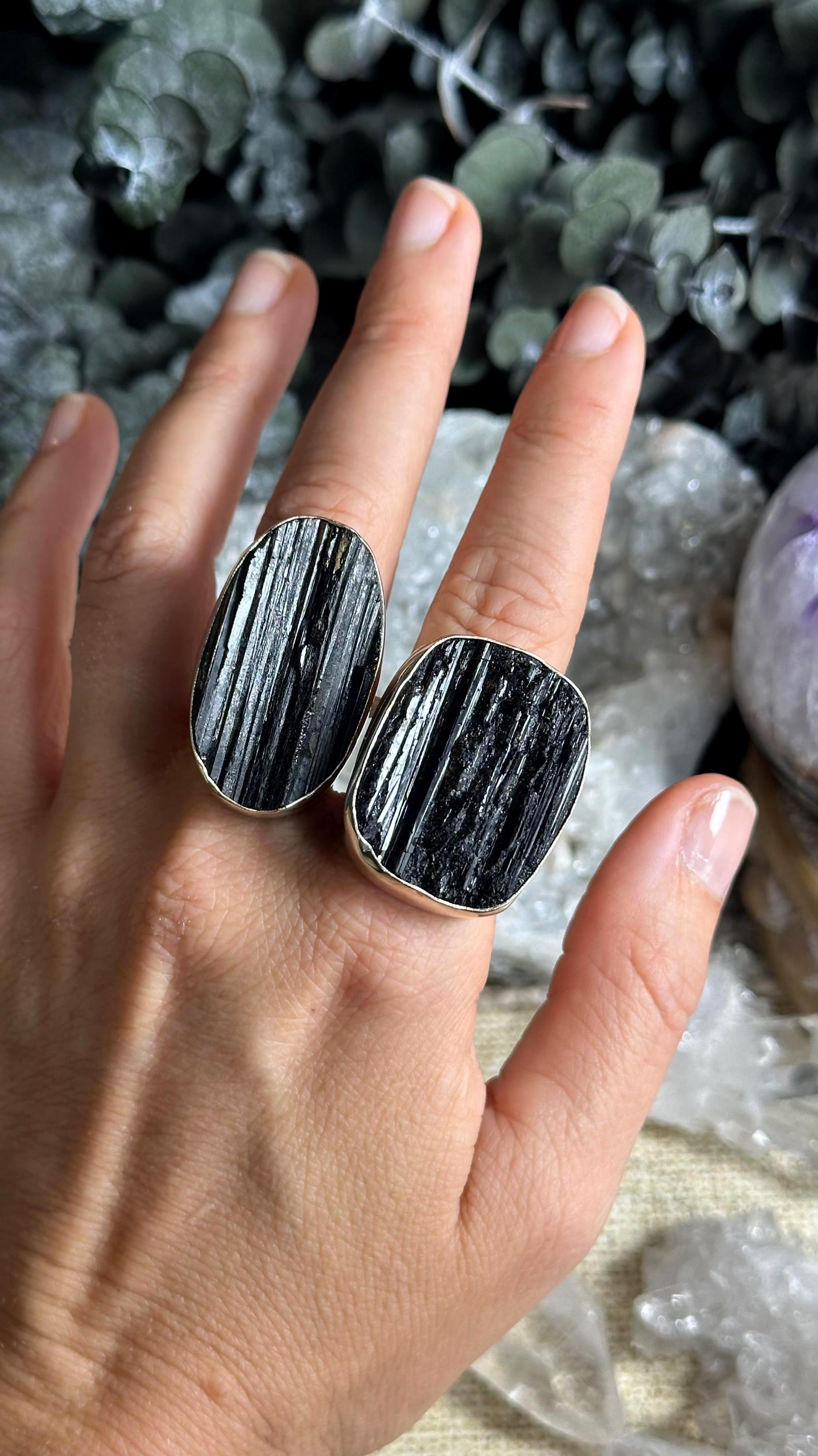 Large Statement Black Tourmaline Adjustable Ring, 925 Sterling Silver Large Statement Black Tourmaline Adjustable Ring, 925 Sterling Silver