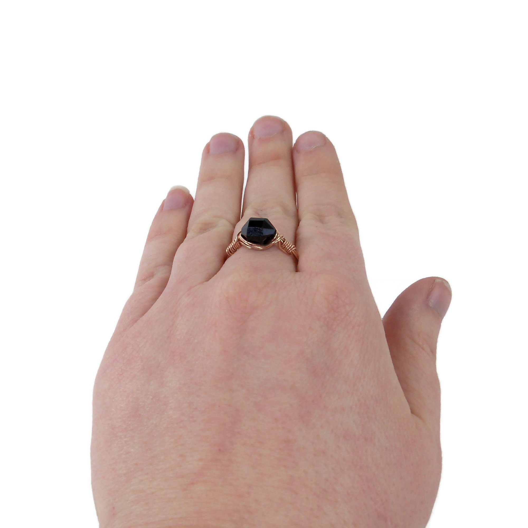 Lg Black Tourmaline Barrel Cut 14k Rose Gold Fill Wire Wrapped Ring Custom Sized
