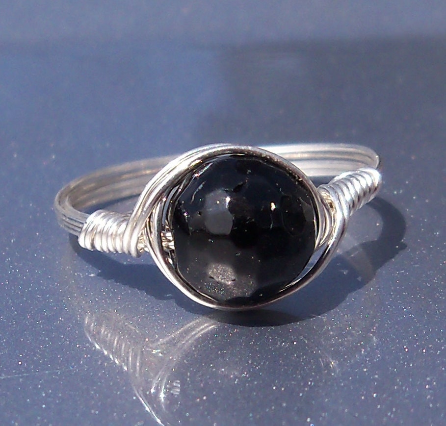 Lg Faceted Black Tourmaline .999 Fine Silver Wire Wrapped Ring Custom Sized