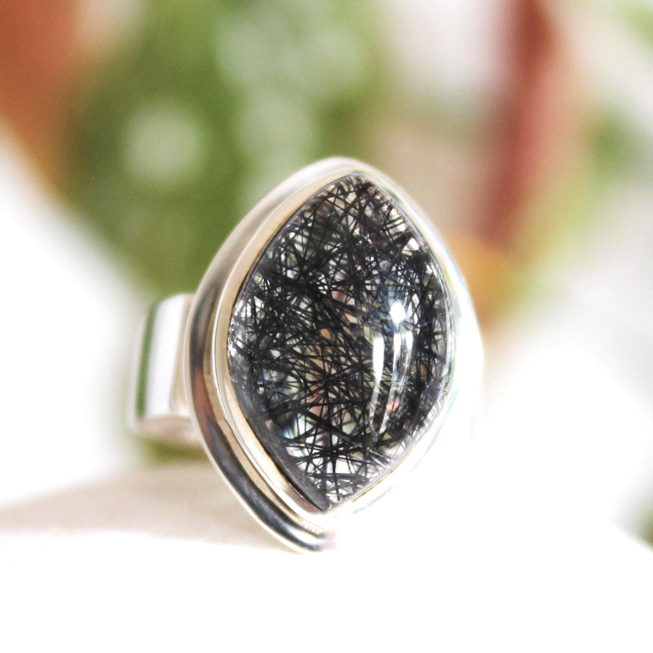 Marquise Black Tourmaline Quartz Ring: Sterling Silver, Size 7