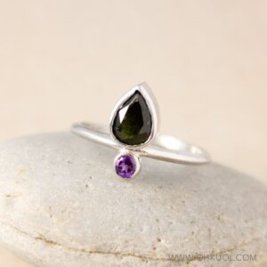 Black Tourmaline Pear Ring: Sterling Silver Birthstone Accent