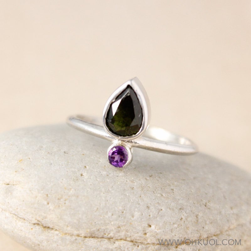 Black Tourmaline Pear Ring: Sterling Silver Birthstone Accent