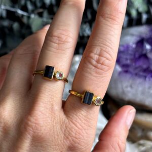 Black Tourmaline Quartz Ring: Gold Plated .925 Sterling Silver