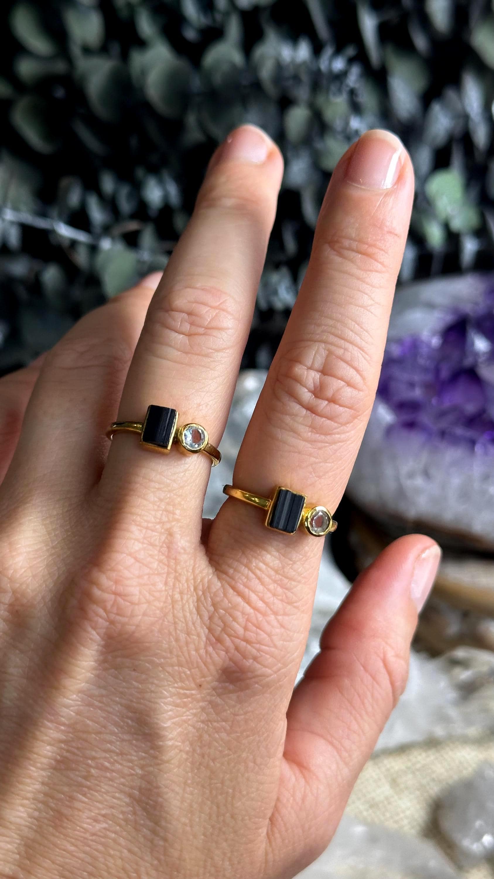 Black Tourmaline Quartz Ring: Gold Plated .925 Sterling Silver