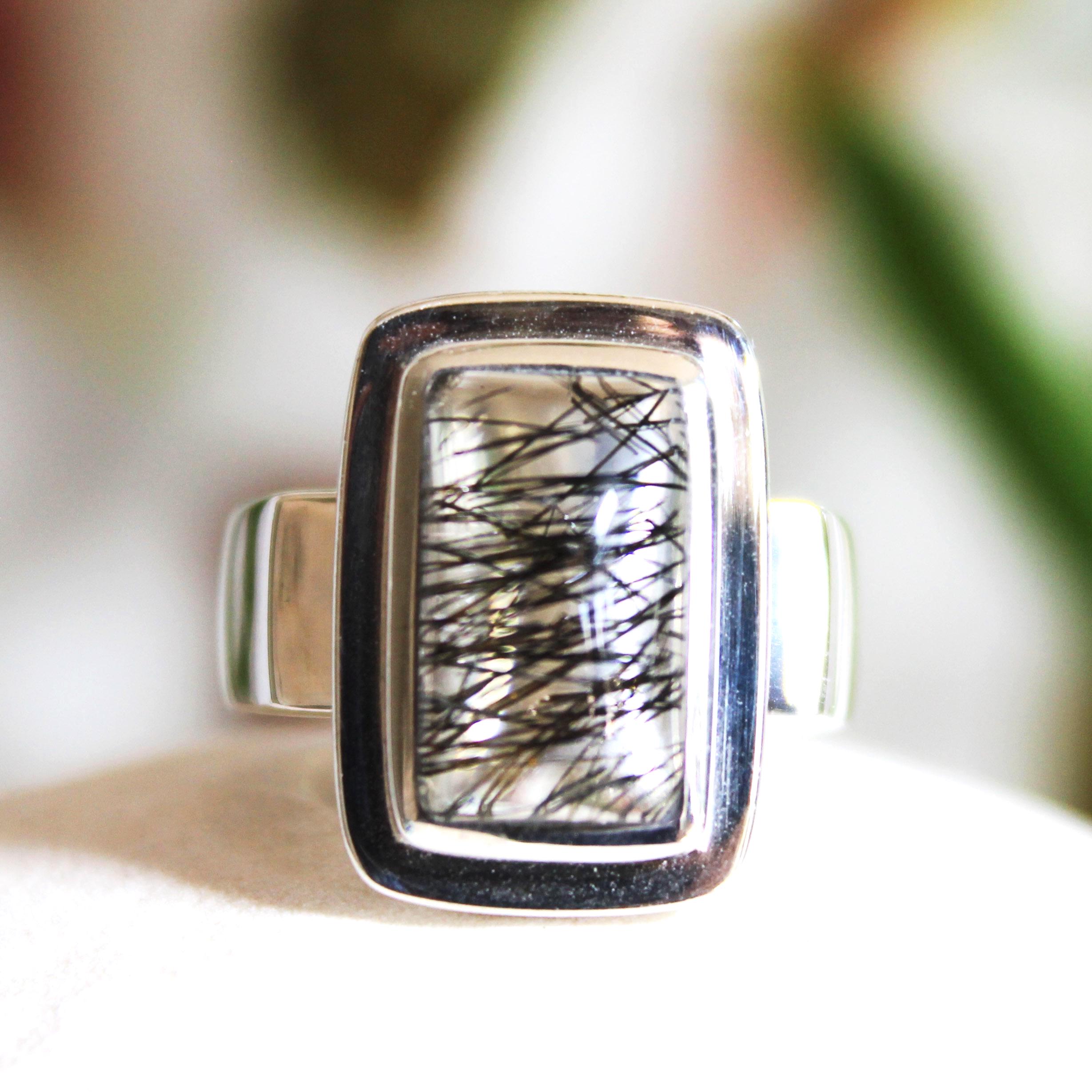 Black Tourmaline Quartz Ring: Rectangular Sterling Silver Cabochon, Size 6 Black Tourmaline Quartz Ring: Rectangular Sterling Silver Cabochon, Size 6