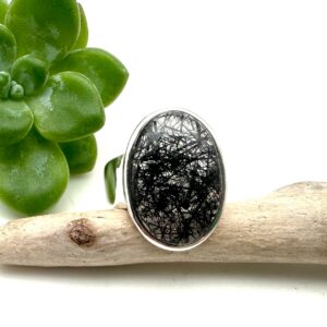 Black Tourmaline Quartz Ring: Sterling Silver Rutilated Gemstone, Size 8