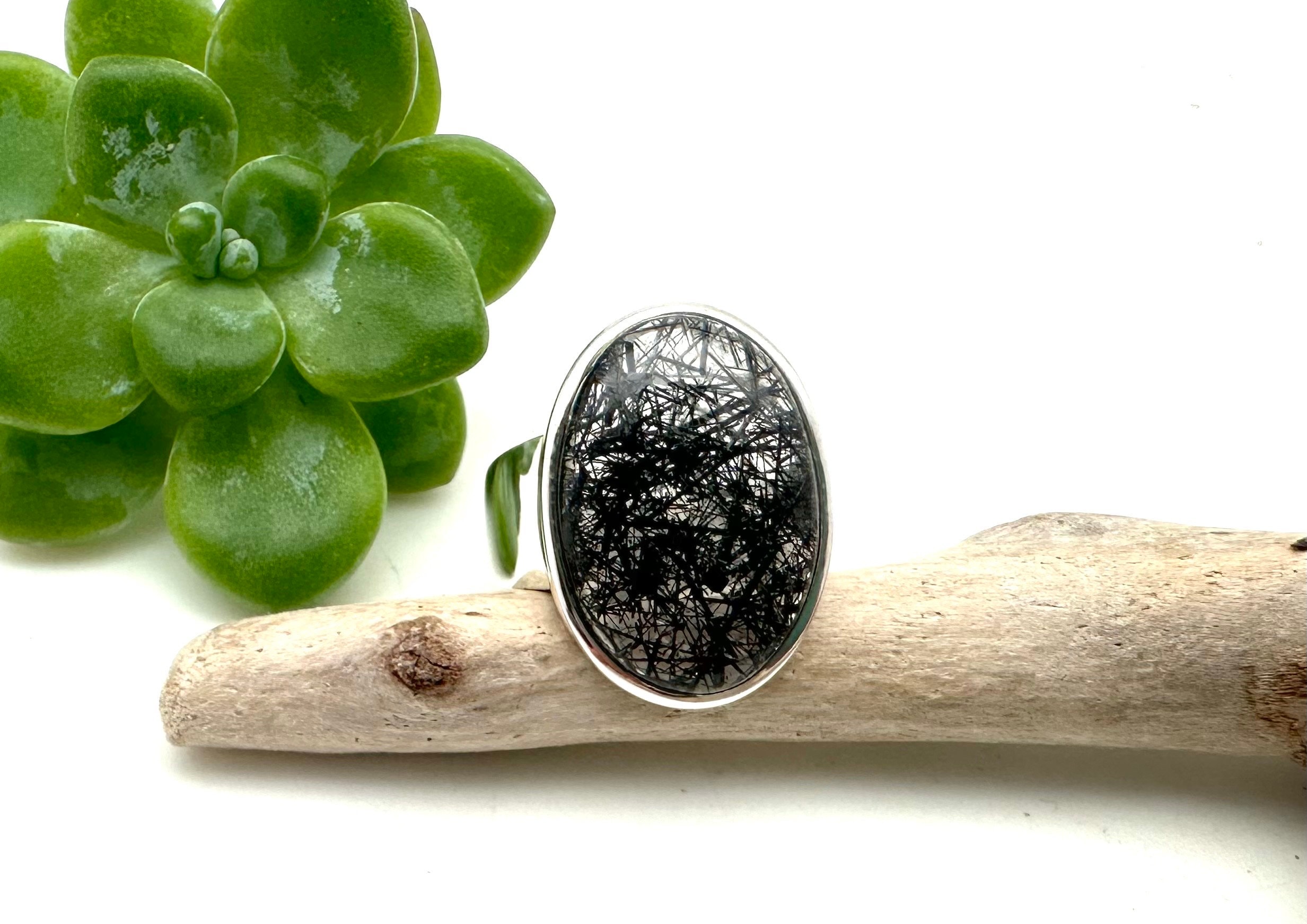 Black Tourmaline Quartz Ring: Sterling Silver Rutilated Gemstone, Size 8
