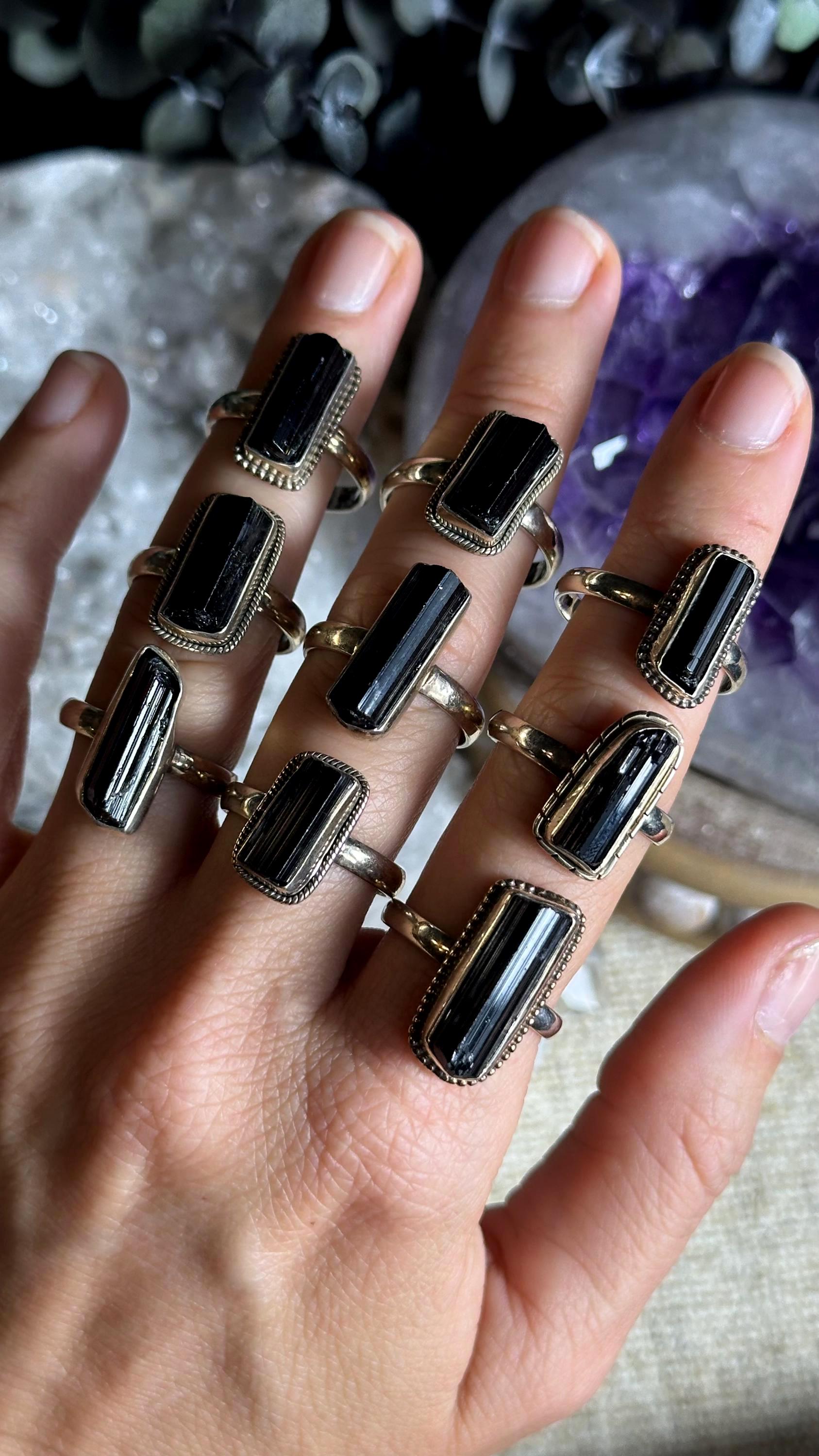 Raw Black Tourmaline Ring, .925 Sterling Silver, Rough, Statement, Fitted