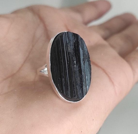 Raw Black Tourmaline Ring: 925 Sterling Silver Stackable Gemstone