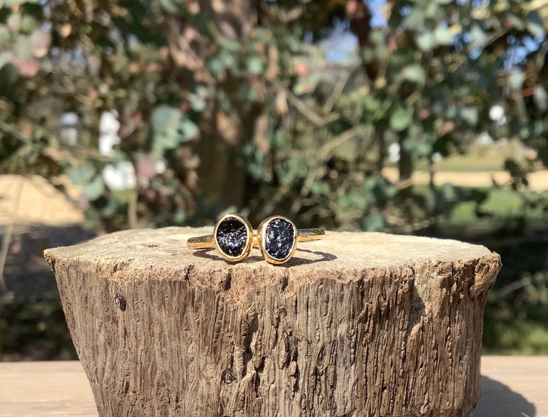 Raw Black Tourmaline Ring: Gold Vermeil Double Gemstone, Adjustable