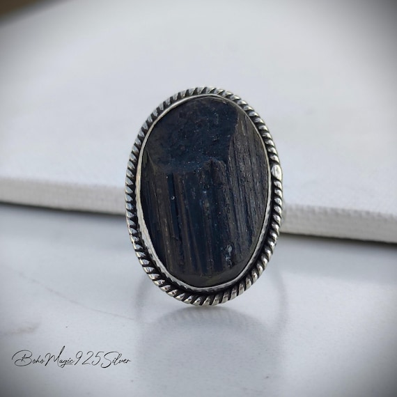 Raw Black Tourmaline Ring: Handmade 925 Sterling Silver Band