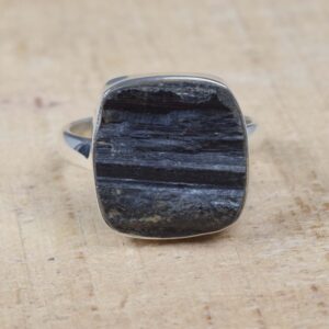 Rough Black Tourmaline Ring: Square Gemstone, 925 Sterling Silver