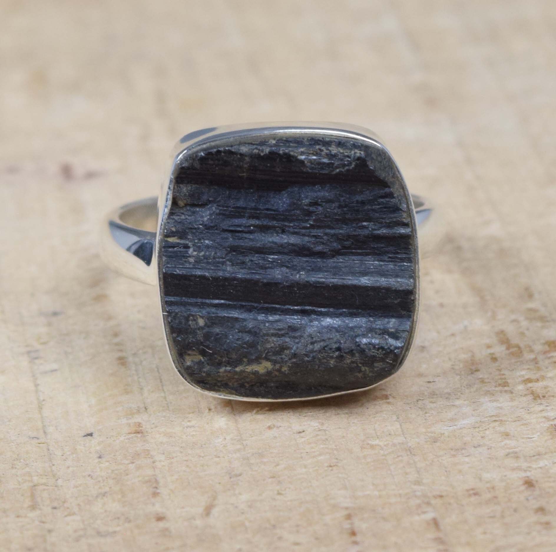 Rough Black Tourmaline Ring: Square Gemstone, 925 Sterling Silver Rough Black Tourmaline Ring: Square Gemstone, 925 Sterling Silver