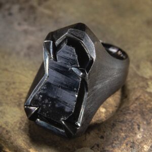 Schorl Black Tourmaline Crystal Silver Ring Coal Black Natural Gemstone Defender Magic Energy Mens Jewelry Libra Birthstone Unique Gift Art