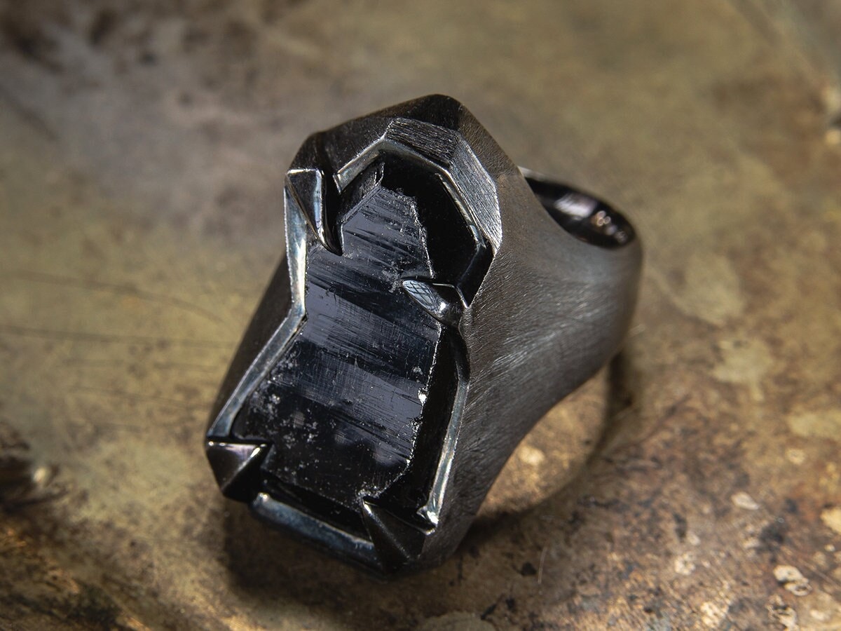 Schorl Black Tourmaline Crystal Silver Ring Coal Black Natural Gemstone Defender Magic Energy Mens Jewelry Libra Birthstone Unique Gift Art