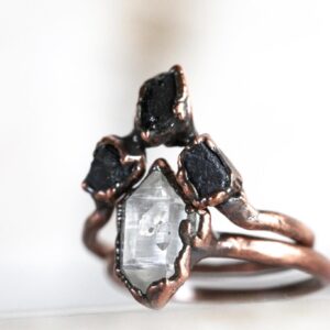Black Tourmaline Ring Set - Chevron Wedding Set - Raw Stone Engagement Ring