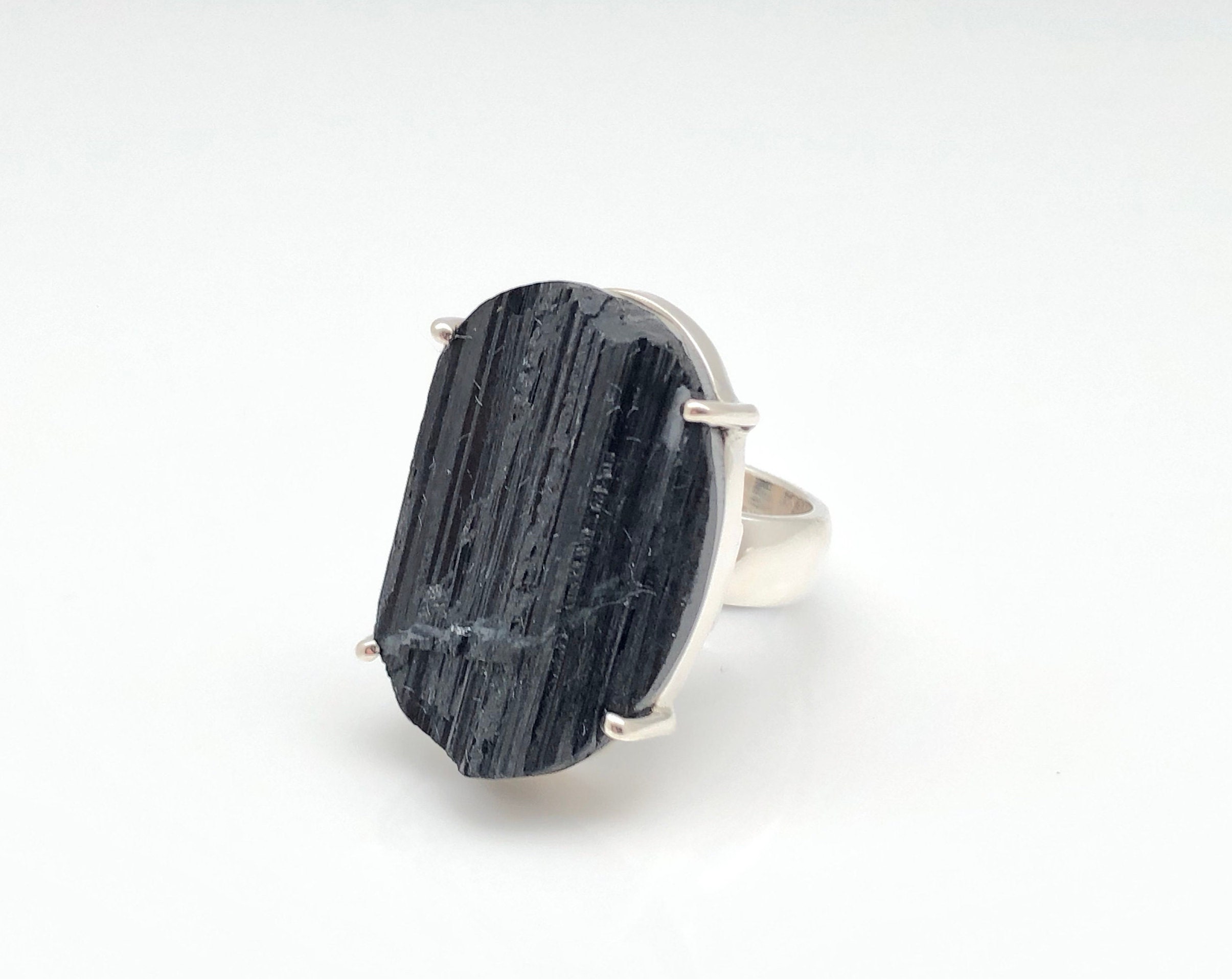 Black Tourmaline Ring Size 7.5 Adjustable - Sterling Silver - Rough Black Tourmaline Ring - Natural Tourmaline Ring - Raw Tourmaline Ring
