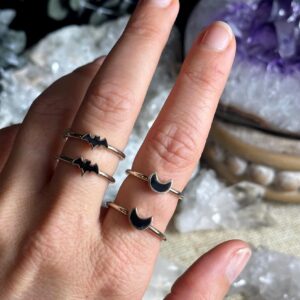 Stackable Black Tourmaline Moon Ring, Bat Ring, .925 Sterling Silver , Minimalist, Statement, Fitted
