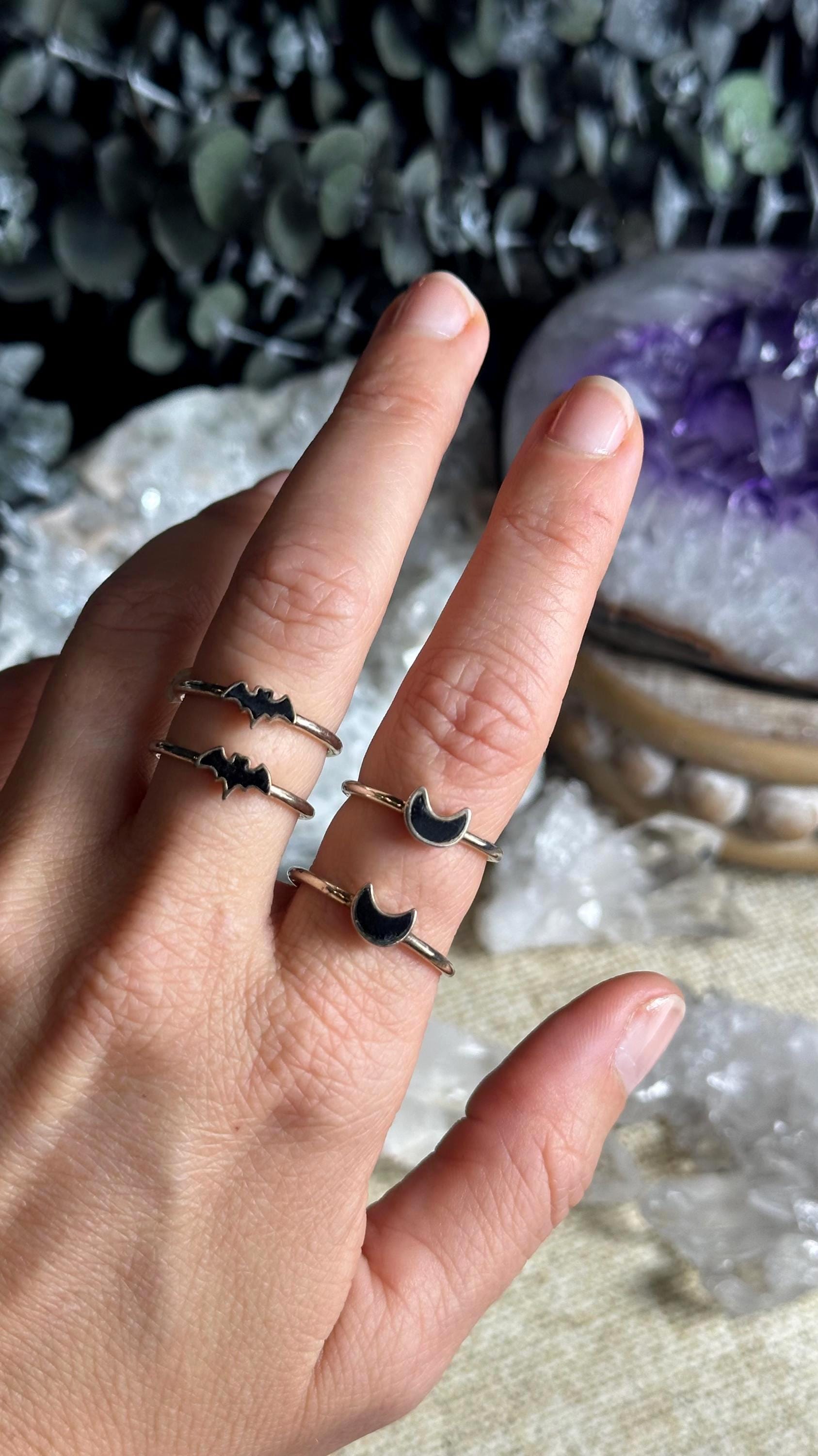 Stackable Black Tourmaline Moon Ring, Bat Ring, .925 Sterling Silver , Minimalist, Statement, Fitted Stackable Black Tourmaline Moon Ring, Bat Ring, .925 Sterling Silver , Minimalist, Statement, Fitted