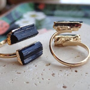 Black Tourmaline Statement Ring, Chunky Stone Open Wrap Ring, Tourmaline Jewelry, Boho Natural Stone Wrap Ring, Adjustable Black Stone Ring