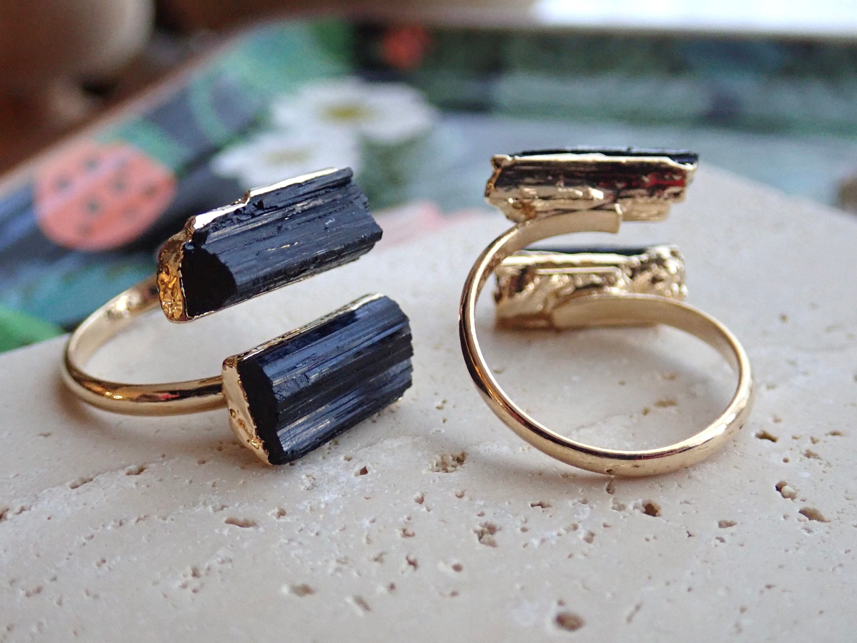 Black Tourmaline Statement Ring, Chunky Stone Open Wrap Ring, Tourmaline Jewelry, Boho Natural Stone Wrap Ring, Adjustable Black Stone Ring