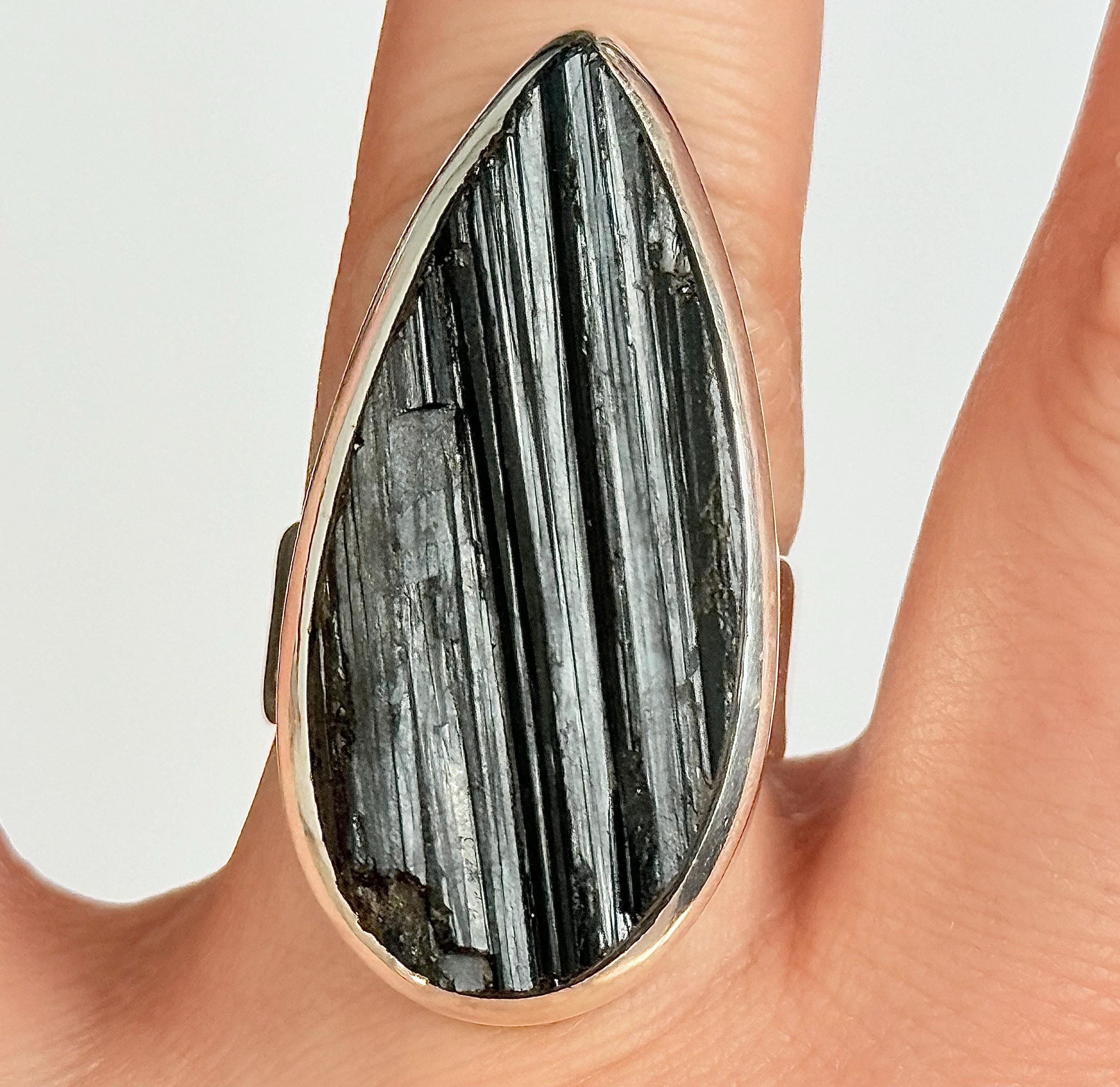 Black Tourmaline Sterling Silver Ring: Natural Stone Statement Jewelry, Size 8.5