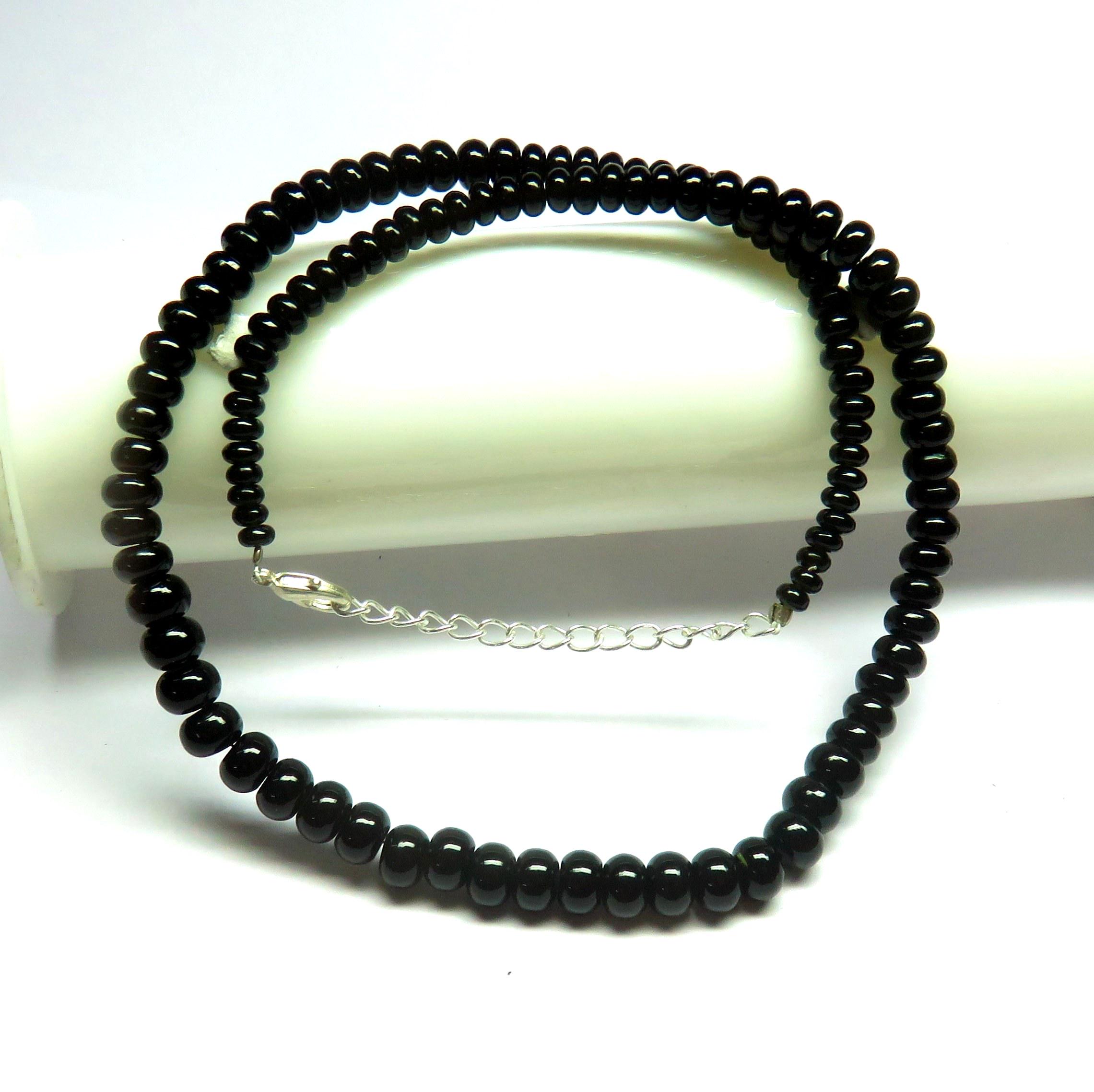 Black Tourmaline 4 Mm To 7 Mm Rondelle Beads Necklace 16 Inches With 2 Inches Adjustable Silver Chain