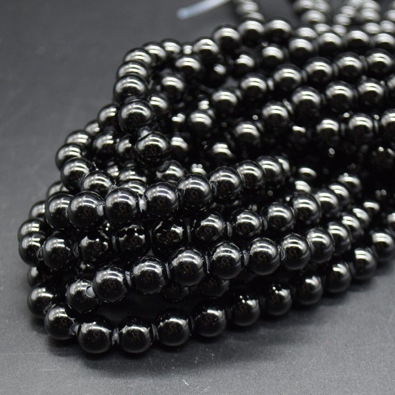 Black Tourmaline Gemstone Beads - 8mm Round - Large Hole (2mm) Gemstone Round Beads For Jewellery Making - 15" Strand