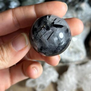 Black Tourmaline And Black Rutile Mix Quartz From Brazil Sphere 1.25”