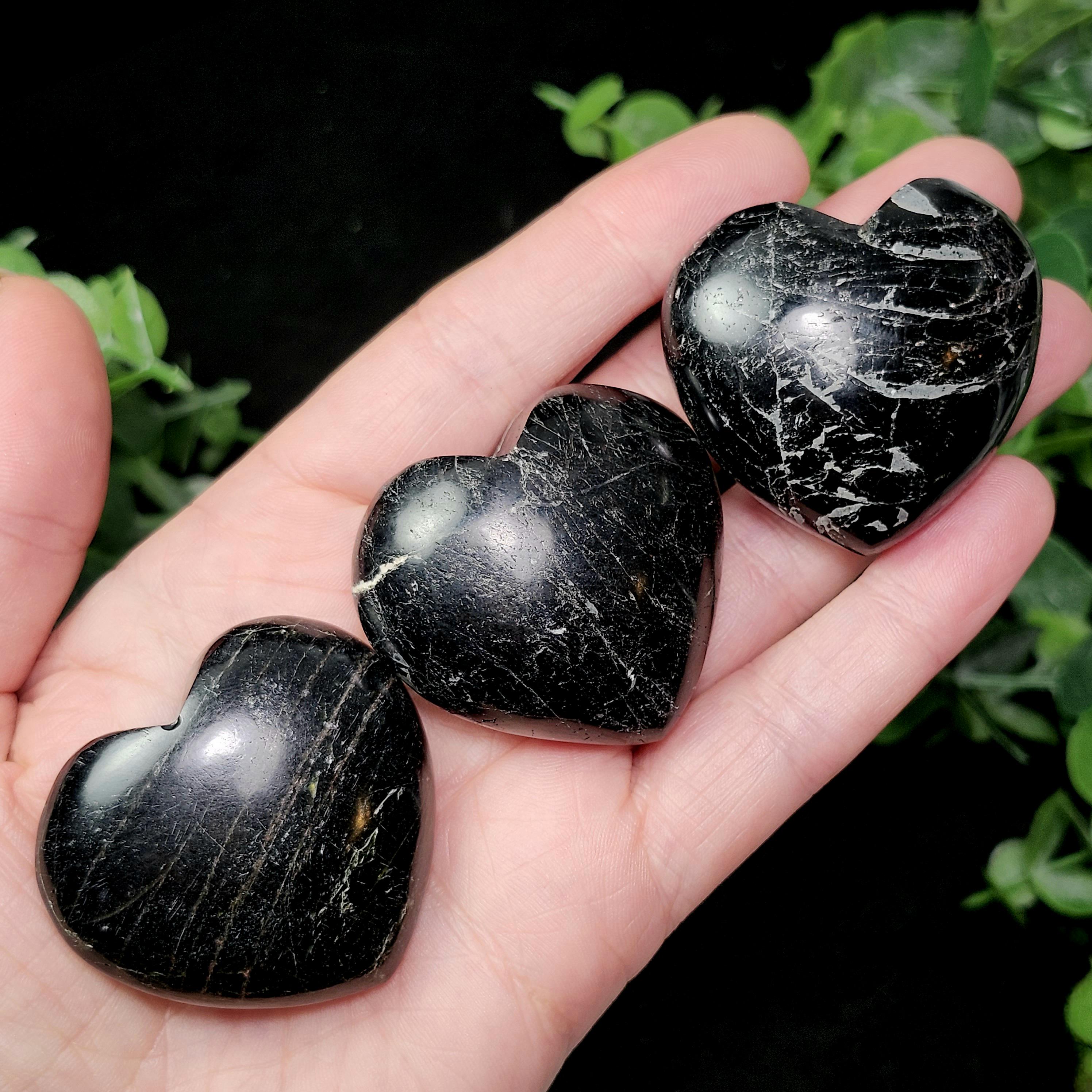 Black Tourmaline Crystal Heart - Tourmaline Palm Stone - Polished Black Tourmaline
