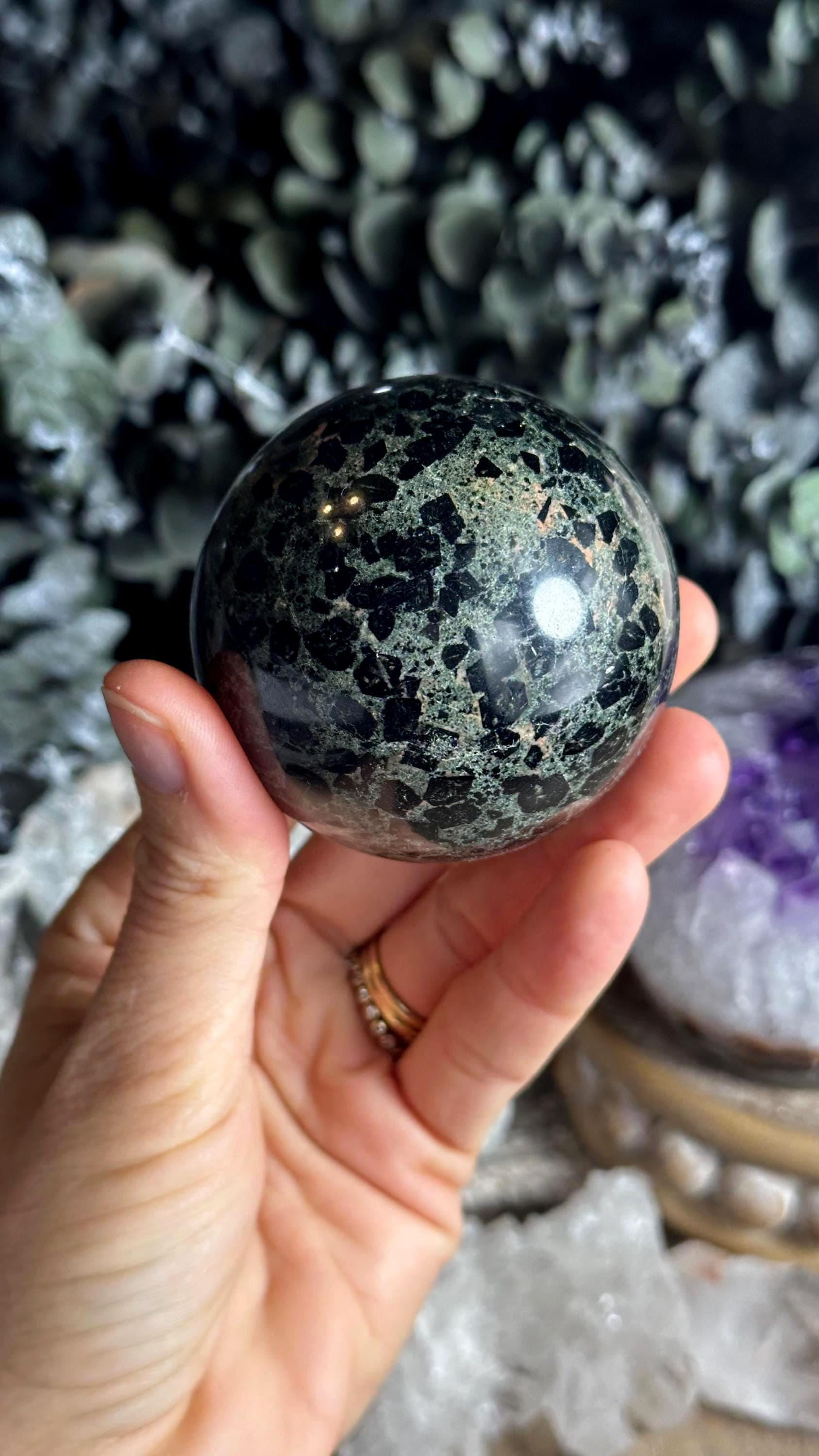 Flower Tourmaline Sphere, Brecciated Green And Black Tourmaline Orb Flower Tourmaline Sphere, Brecciated Green And Black Tourmaline Orb