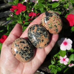 Black Tourmaline in Orange Orthoclase, Choose One Palm Stone