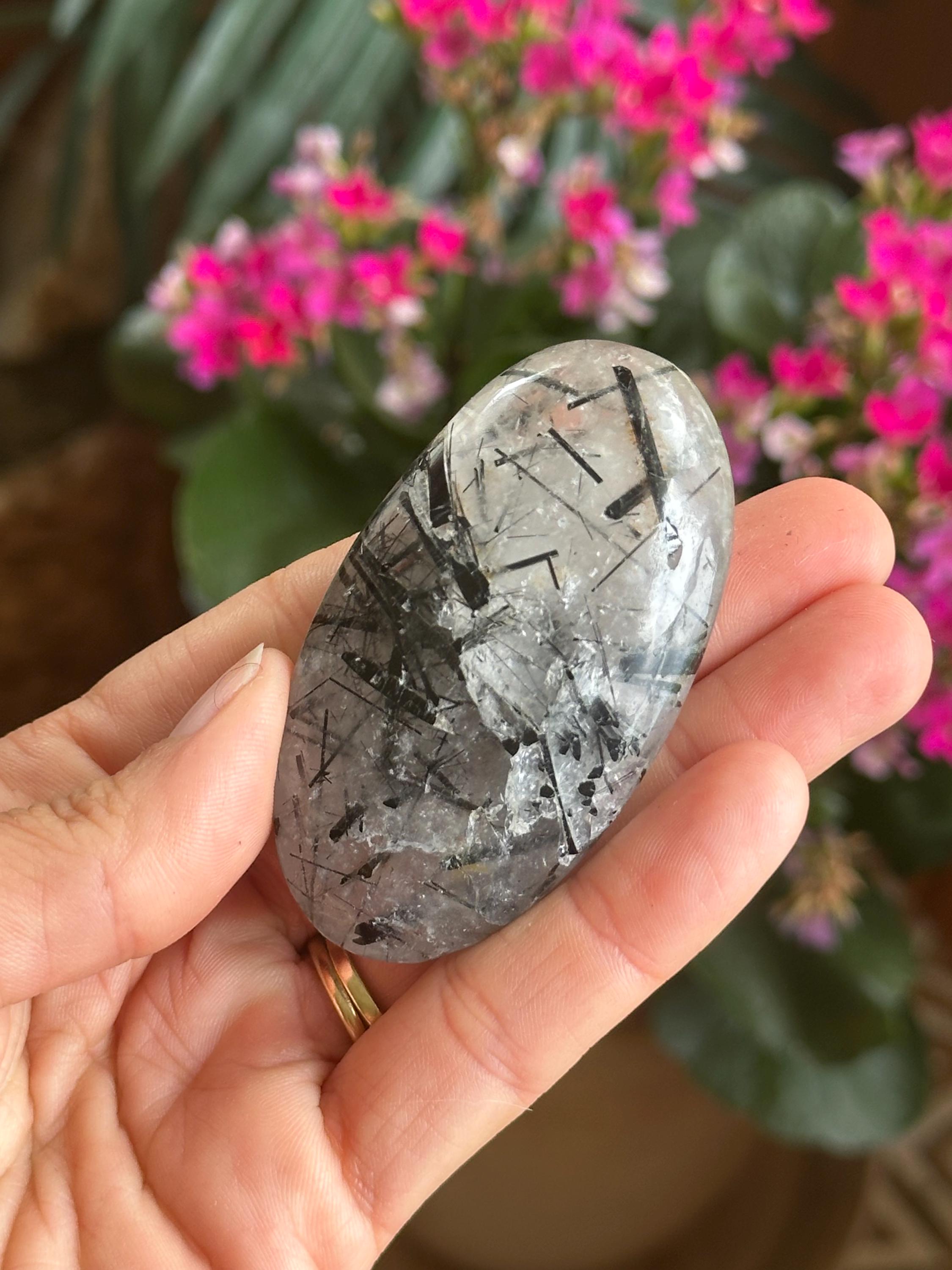 Black Tourmaline In Quartz Palm Stone, Tourmaline Quartz