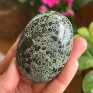 Rare Green Flower tourmaline palm stone, Brecciated Green and Black tourmaline Rare Green Flower tourmaline palm stone, Brecciated Green and Black tourmaline