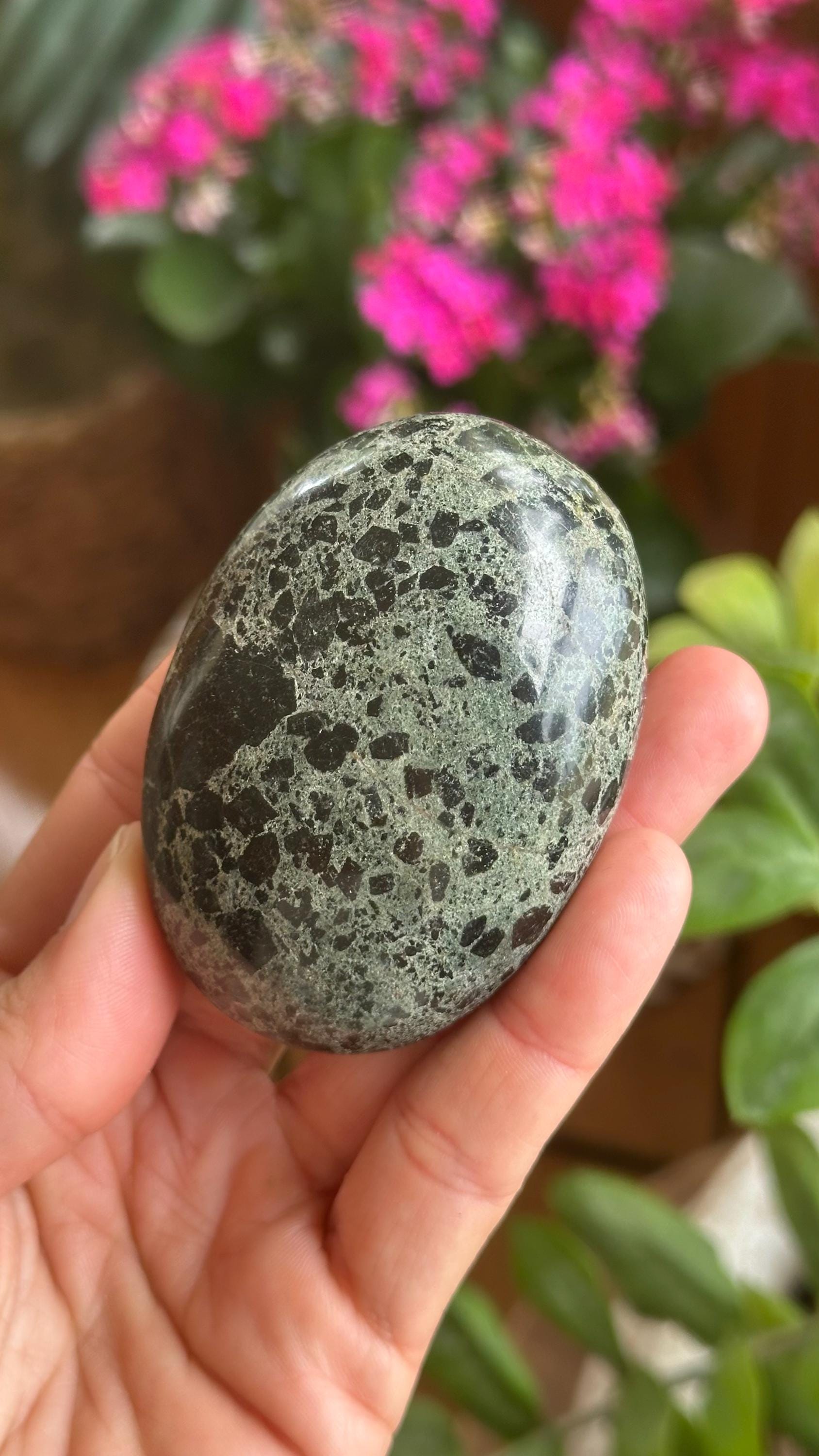 Rare Green Flower Tourmaline Palm Stone, Brecciated Green And Black Tourmaline