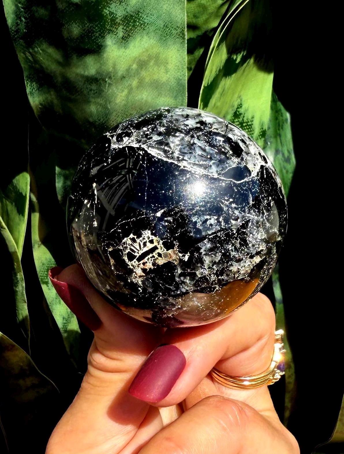 Black Tourmaline Sphere W/ Stand - For Energetic Protection & Shielding - Protection Crystal - Root Chakra Crystal - Tourmaline Crystal