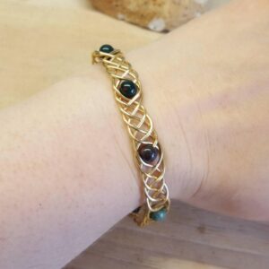 Celtic Bloodstone cuff bracelet. Gold/Brass wire celtic knot Adjustable bracelet. Green March birthstone. Reiki jewelry uk. Gold tone cuff