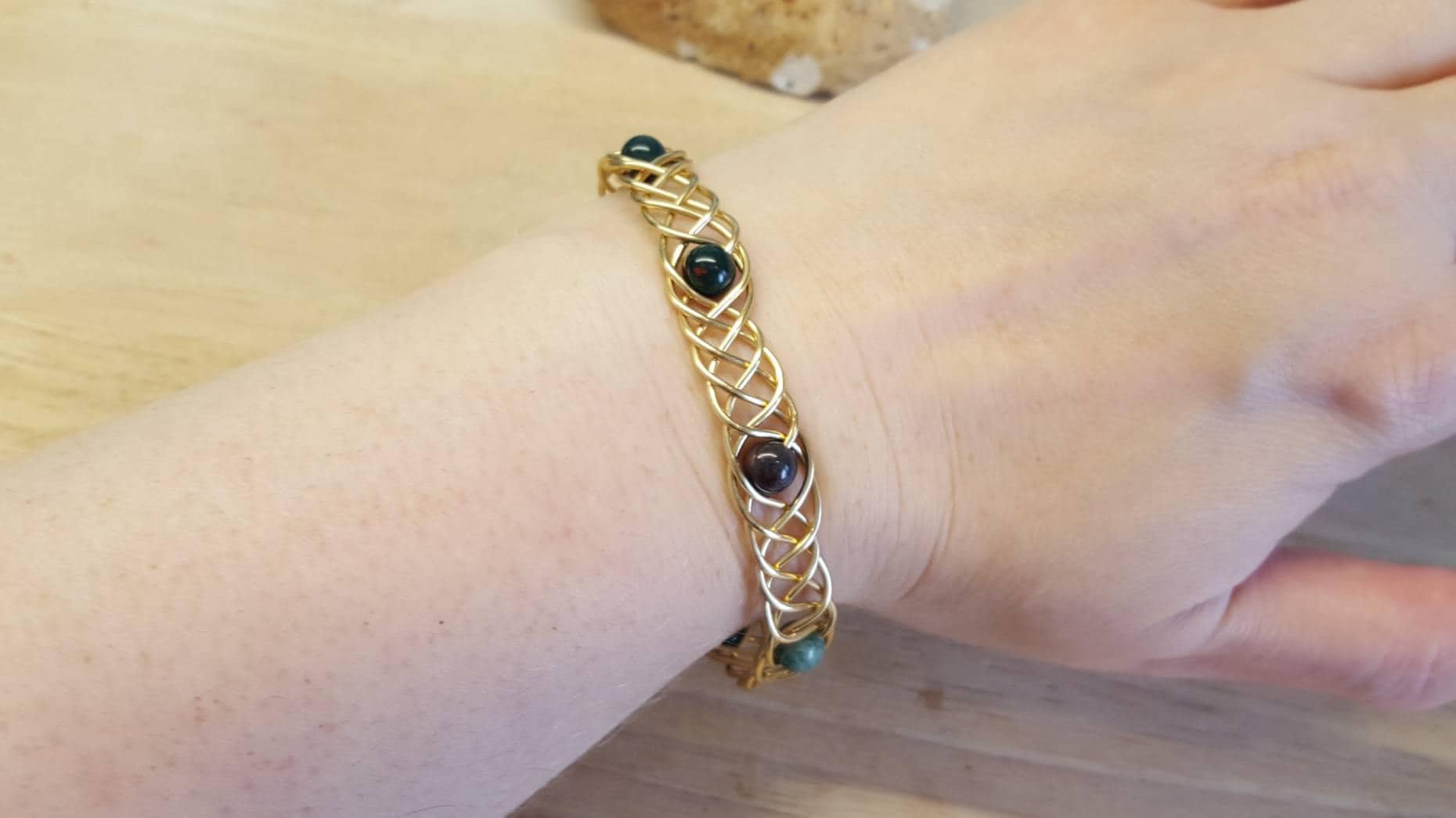 Celtic Bloodstone Cuff Bracelet. Gold/brass Wire Celtic Knot Adjustable Bracelet. Green March Birthstone. Reiki Jewelry Uk. Gold Tone Cuff