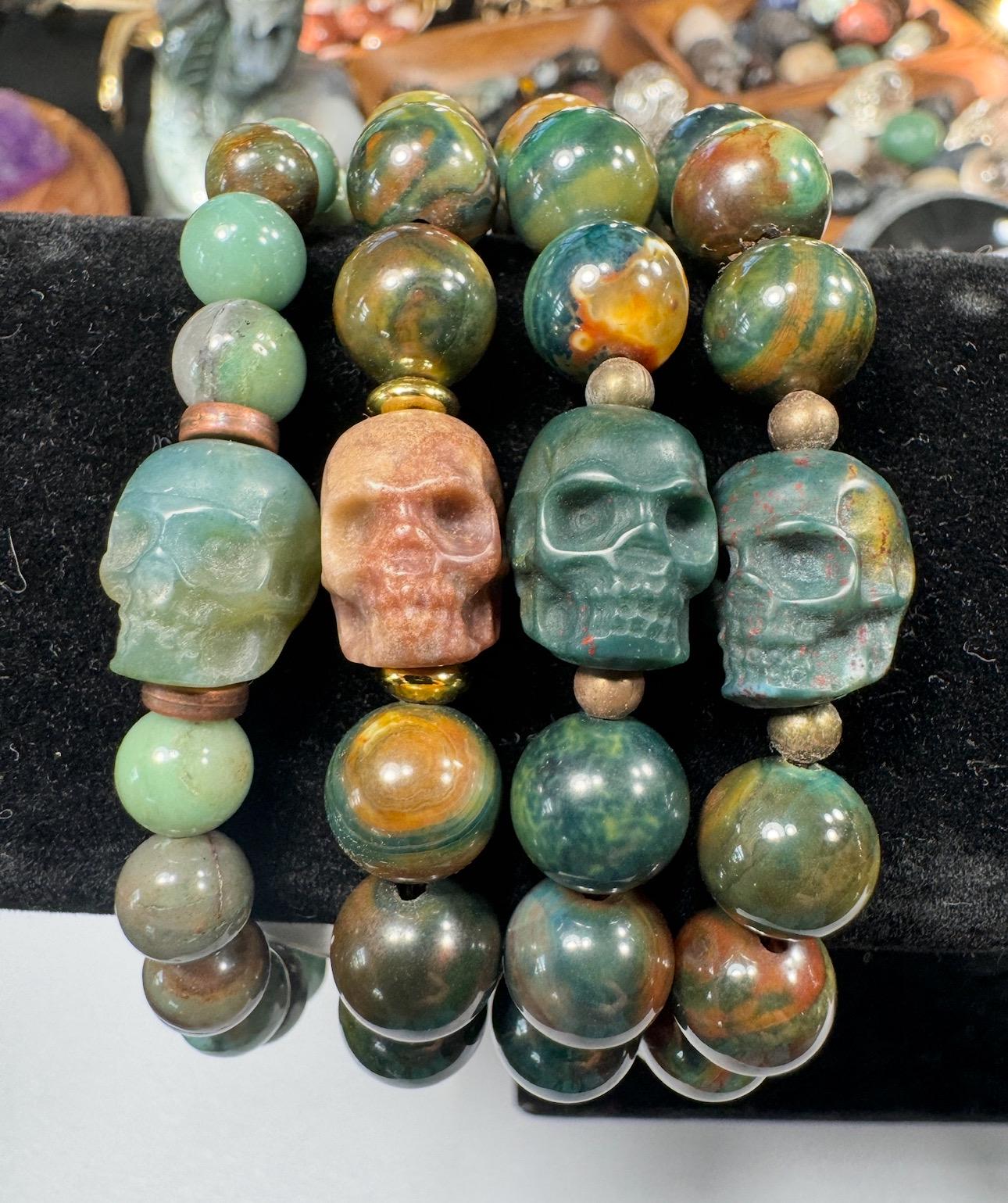 Colorful Bloodstone Jasper Crystal Bracelet, Skull Crystal Bracelet, Crystal Beaded Bracelet, Genuine Crystal Skull Beads