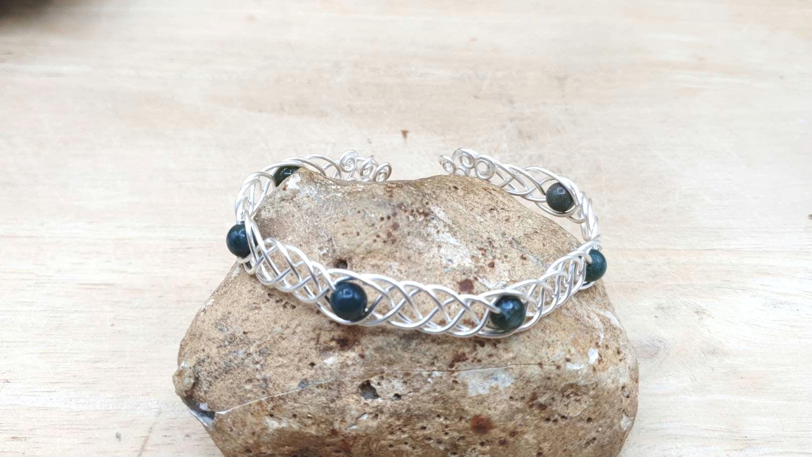 Bloodstone Cuff Bracelet, Silver Filled Wire Celtic Knot, Adjustable Bangle